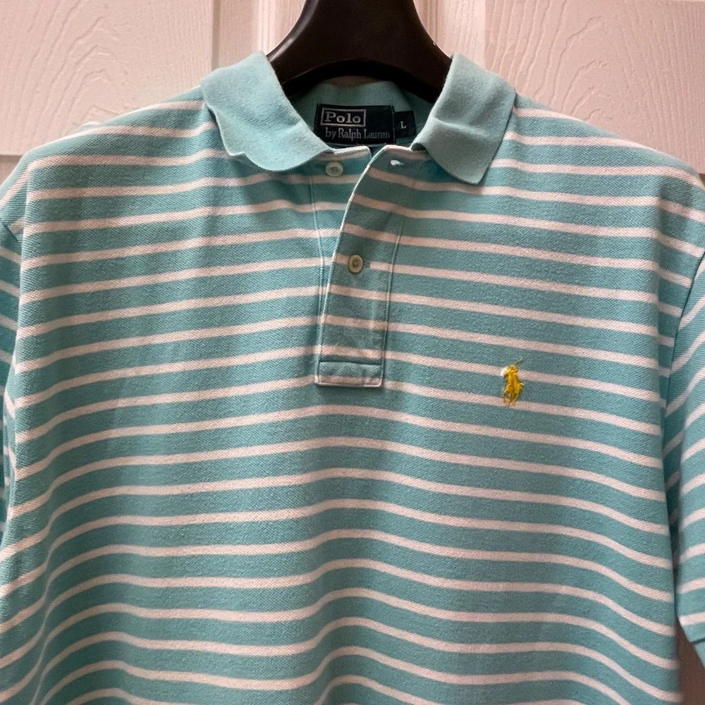 Polo Ralph Lauren Men's Size Large  Turquoise Striped Polo‎ Shirt Yellow Pony